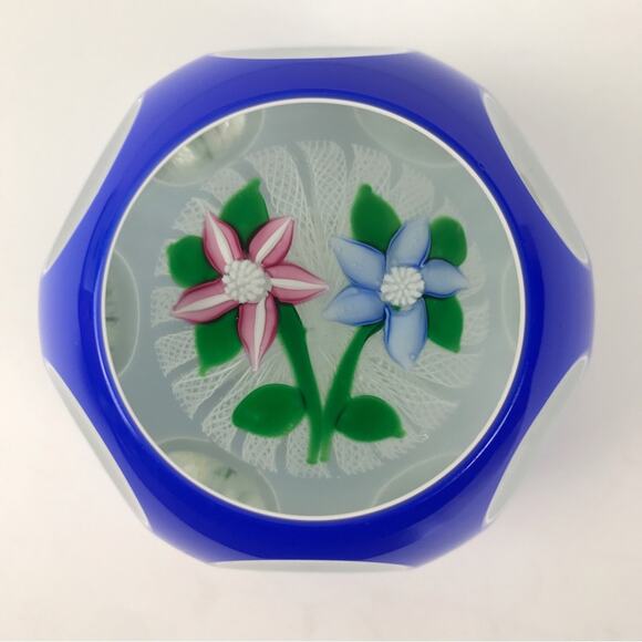 John Deacons Double Overlay Two Flower Lampwork Latticinio Faceted Paperweight - Picture 2 of 15